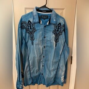 Roar Signature by Buckle blue & black embellished long sleeve casual shirt.  XL.